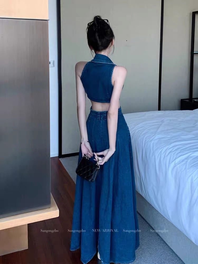 French retro sleeveless denim dress women's summer temperament high-end sexy hollow out waist slit unique long skirt