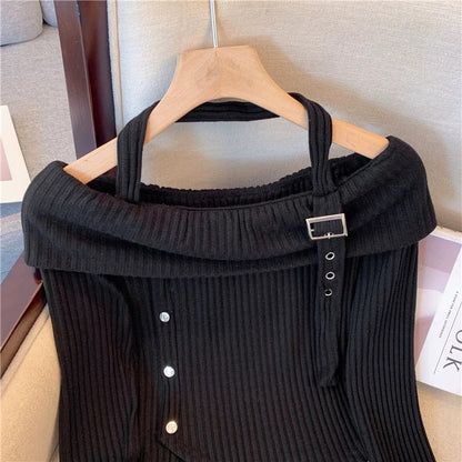 Sweet cool hot girl high-end black halterneck irregular short knitted long-sleeved bottoming shirt top for women autumn new style