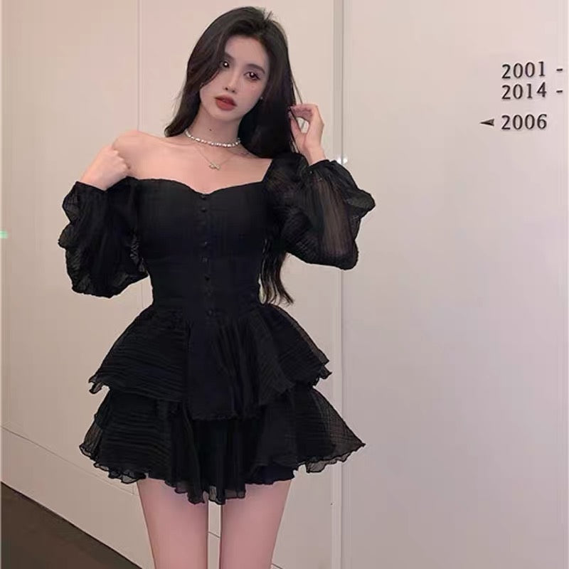 Spice girl high-end sexy French long-sleeved chic and beautiful temperament one-shoulder dress female spring and autumn waist waist cake skirt