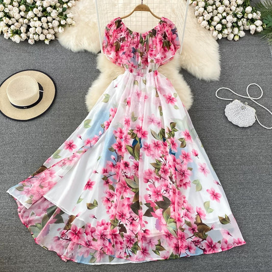 Summer 2024 new style ruffled one-shoulder printed two-way long skirt high waist slimming super fairy big swing dress