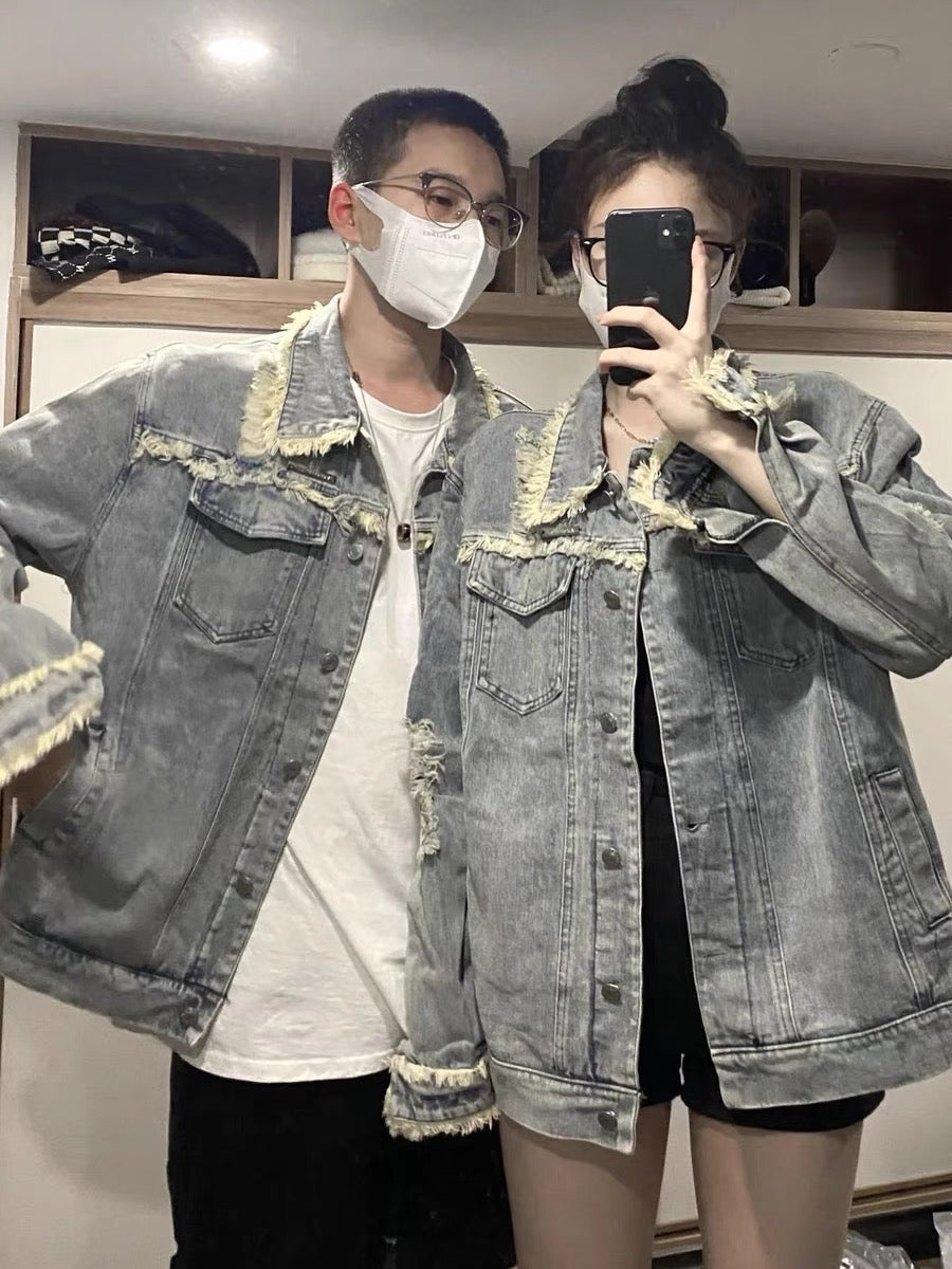 Retro high street washed old ripped denim jacket men's spring and autumn American style oversize tooling couple jacket tide