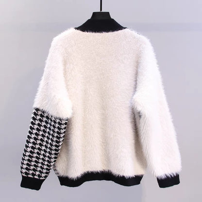 Xiaoxiangfeng mink velvet houndstooth sweater jacket women autumn and winter 2023 new loose and versatile western style knitted cardigan