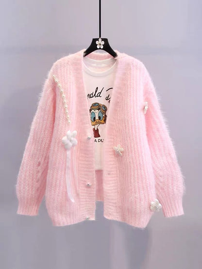 Small fresh beaded design sense sweater jacket women 2023 spring new loose lazy style knitted cardigan