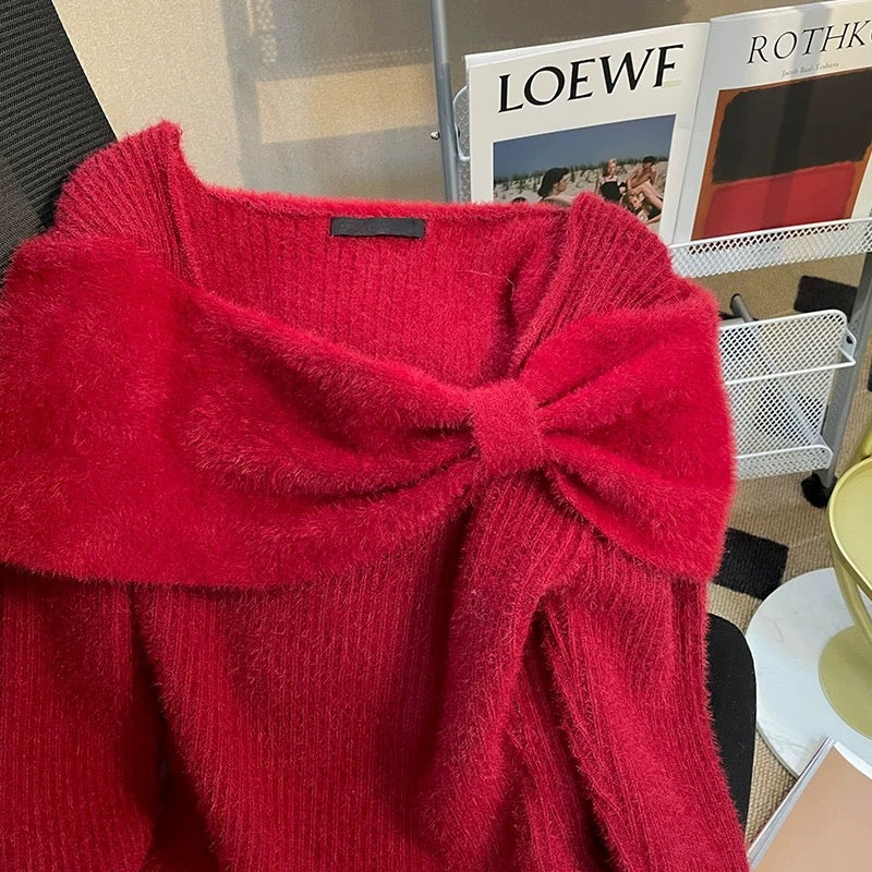 Soft waxy bow knitted sweater for women 2023 new autumn red slim fit and versatile one-shoulder long-sleeved sweater top