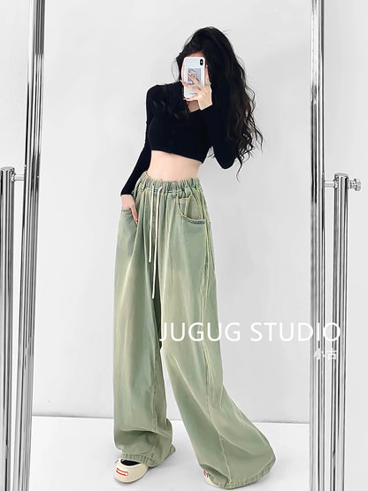 JUGUG new slimming jeans women's green washed overalls straight drawstring high waist loose wide-leg trousers