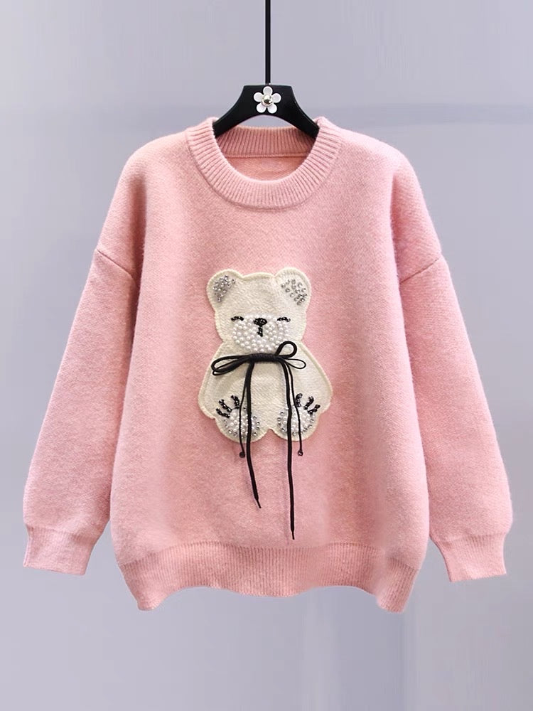 Japanese cartoon bear beaded pullover hairy head women's autumn and winter 2023 new loose and high-end age-reducing knitted top