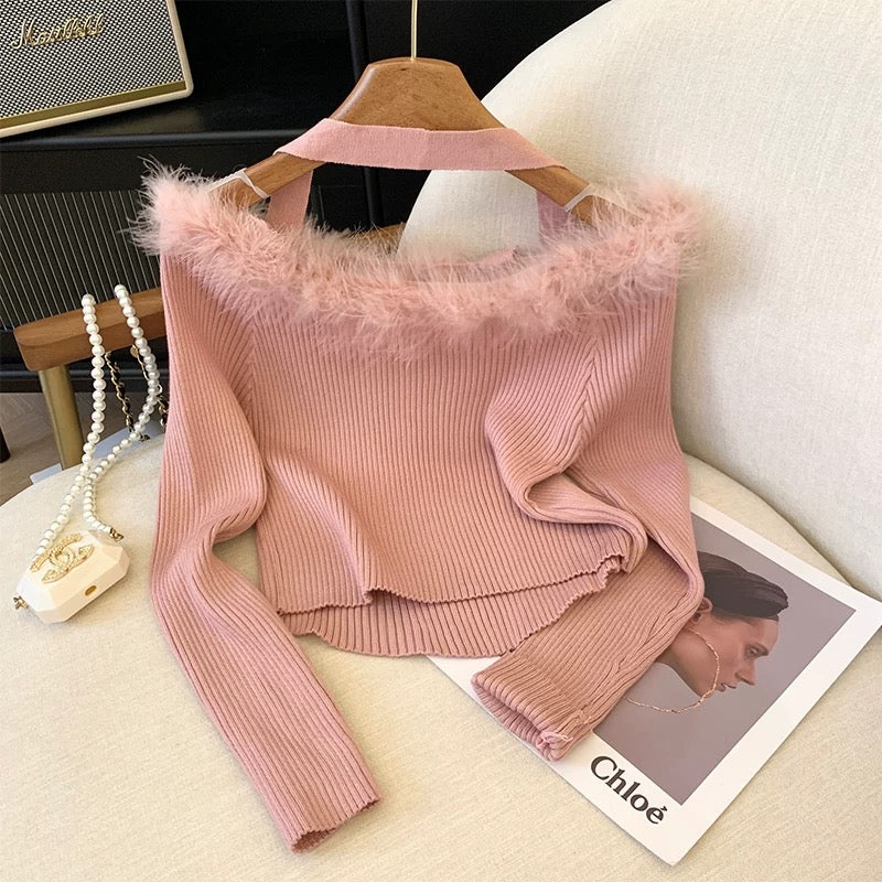 Gentle and pure hot girl's super pretty pink furry one-shoulder slim long-sleeved sweater top for women in autumn and winter