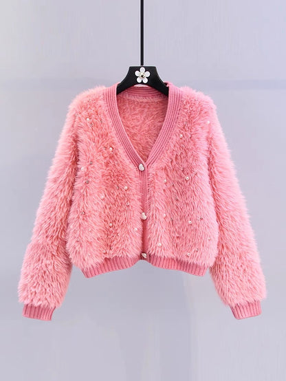 Xiaoxiangfeng beaded imitation mink velvet sweater jacket for women autumn and winter 2023 new loose short V-neck knitted cardigan