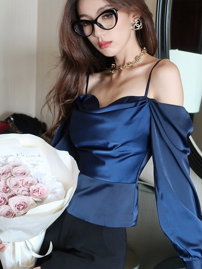 HBE water brother highlight party dark blue satin suspender strapless design sense long-sleeved one-shoulder top women's summer