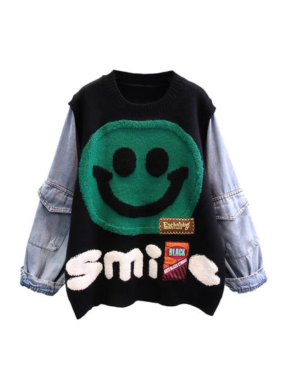 Denim stitching cartoon smiley face sweater for women winter 2022 new Japanese style lazy style loose outer knitted top