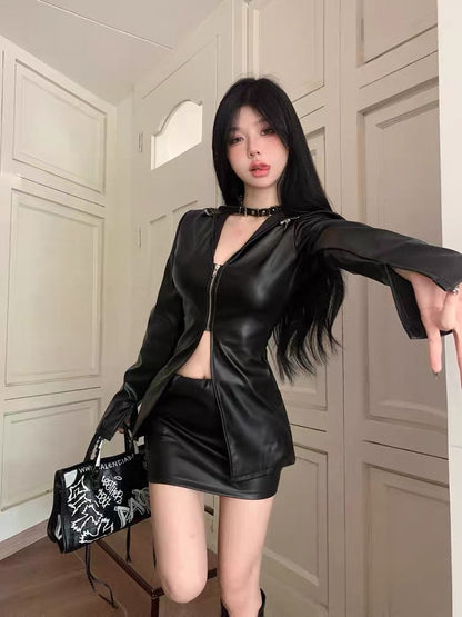 High-end figure sexy American hot girl suit black leather jacket female early autumn fashion short leather skirt small man