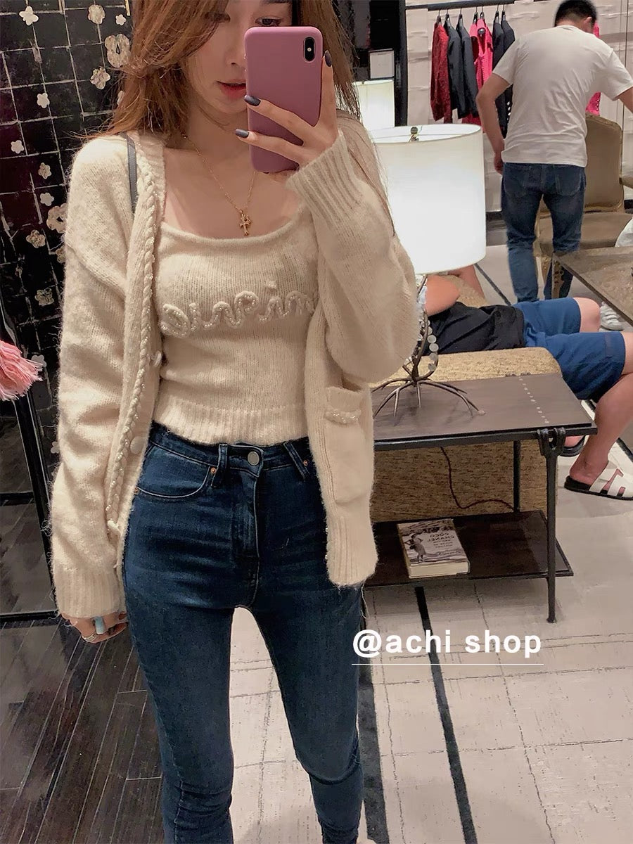 ACHI Dayeike coffee color sweater single-breasted long-sleeved cardigan loose twist sweater pocket mid-length coat