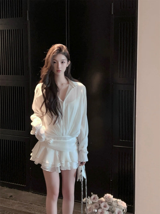 FairyJiang early spring new white shirt dress waist strap cake skirt short skirt with camisole