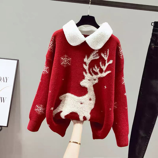 Christmas Sweater Women's Autumn and Winter Clothing Thickened Baby Collar 2023 New Year of the Rabbit Red Clothes Fashionable and Western