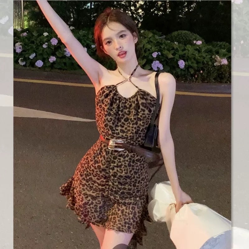 French Leopard Halter Neck Dress Summer Women's Advanced Sense 2023 New Irregular A-Line Skirt Chic Beautiful Skirt