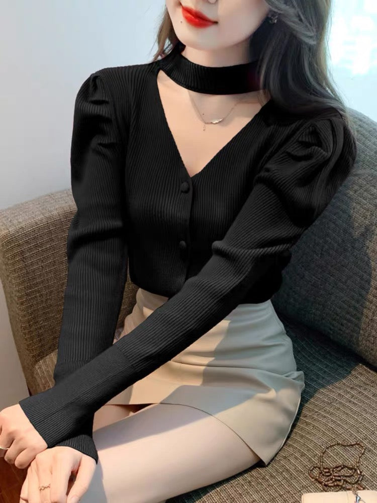 2023 New Puff Sleeve Knitwear Women's Autumn and Winter Bottoming Shirt Fashionable Temperament Hollow V-neck Halter Top