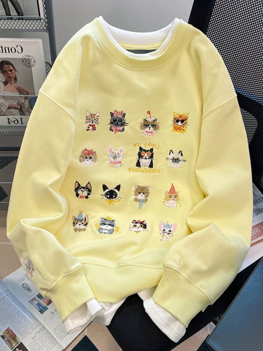 European goods niche heavy embroidery cat fake two-piece sweatshirt men and women spring and autumn stylish unique and exquisite super good-looking tops