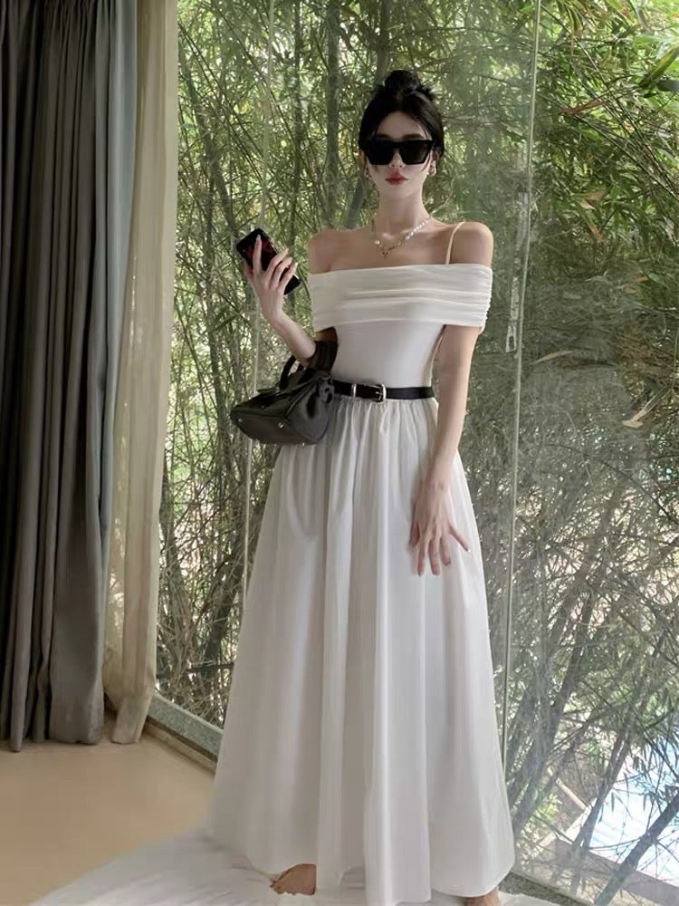 French Hepburn style white temperament high-level one-shoulder suspender dress women's summer waist slimming long skirt