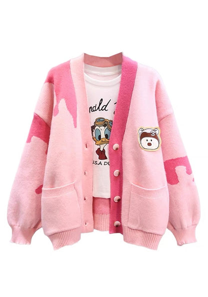 Japanese cartoon sweater cardigan women's coat autumn and winter 2023 new loose college style age-reducing V-neck knitted top