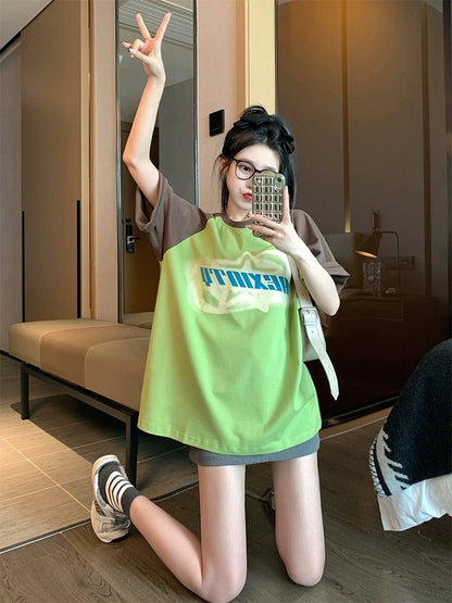 Green raglan sleeves short-sleeved t-shirt women's summer design sense niche high-end sense American retro large version pure cotton top