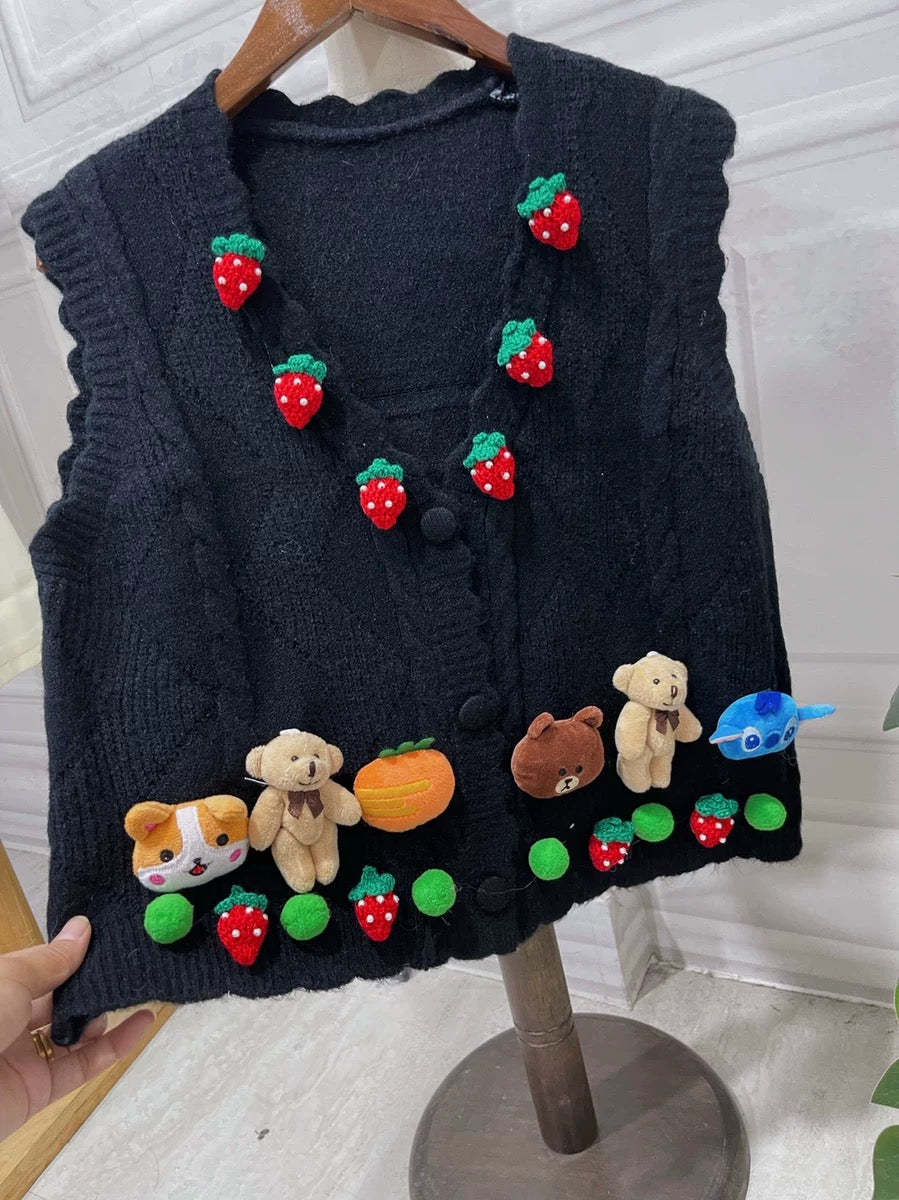 2022 Three-dimensional Handmade Strawberry Bear Cute Twist Braided Vest Top Autumn Vest Sweater Jacket Women's Clothing