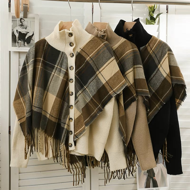 Korean style contrasting color stitching plaid fake shawl sweater for women 2023 autumn and winter slim slim turtleneck long-sleeved sweater