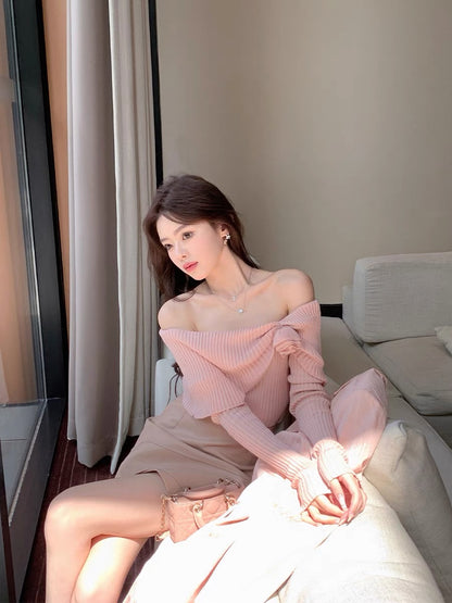 ByYou autumn and winter cashmere soft waxy three-dimensional flower pink one-shoulder sweater women's slim long-sleeved bottoming sweater