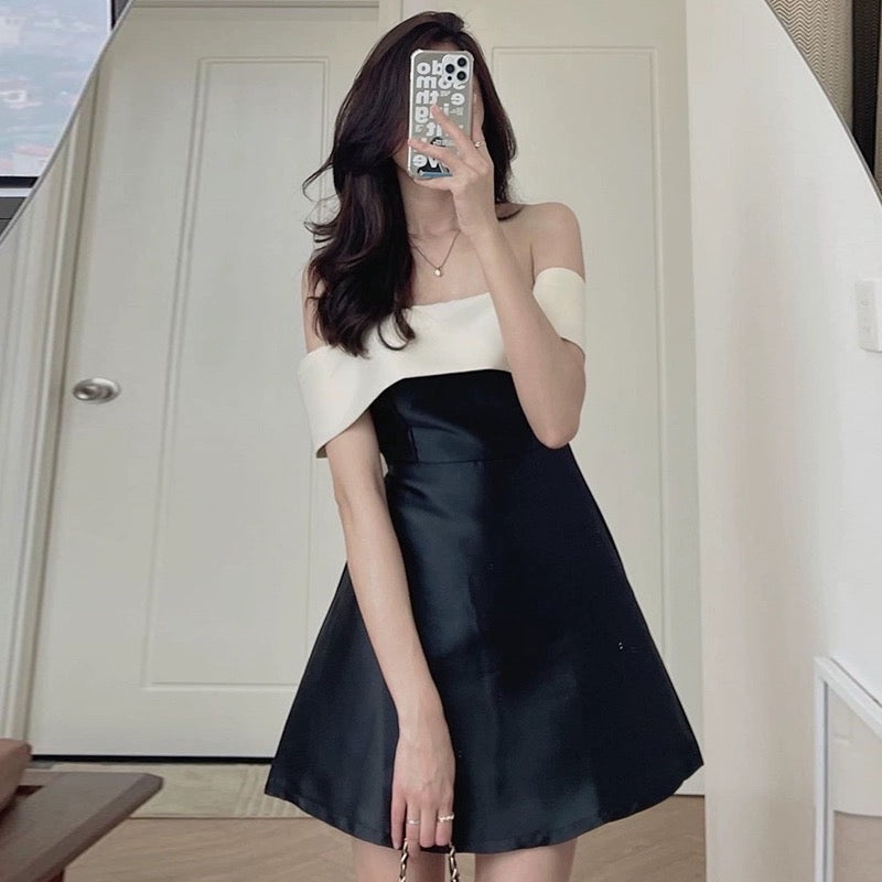 Korean chic summer French niche one-word collar strapless back tie bow waist short-sleeved dress female