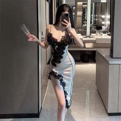 French hot girl temperament high-end sexy low-cut bag hip lace sling dress female summer waist slit fishtail skirt