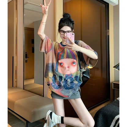 Tie-dye fun girl short-sleeved t-shirt female summer design sense niche American tide brand loose large half-sleeved top