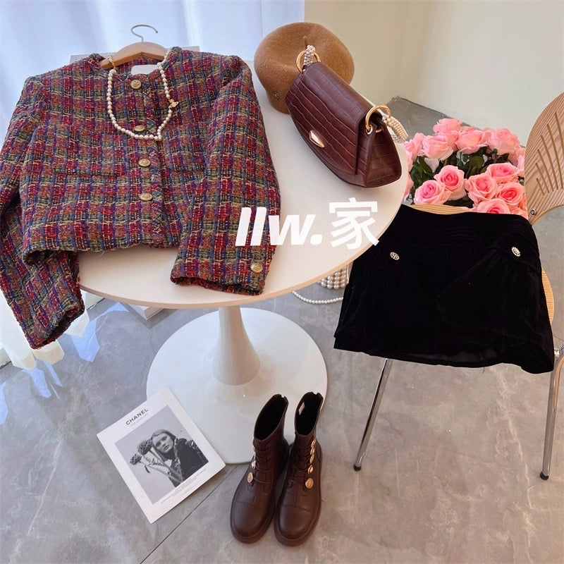 Autumn Color Equation shi~ Round neck tweed woven short jacket Feminine celebrity single-breasted small fragrant wind top