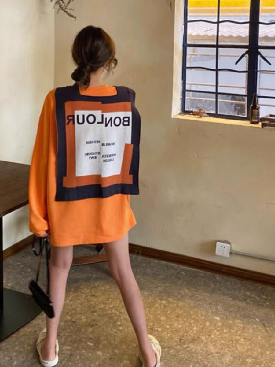 2023 orange long-sleeved sweatshirt for women with niche design for summer ins Korean style loose mid-length sweatshirt top fashion