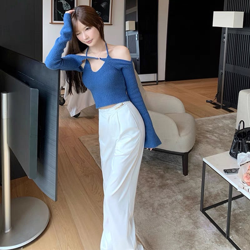 Song Zhiya's same style 2023 autumn and winter sexy pure desire halterneck camisole short slim fit pullover long-sleeved suit for women