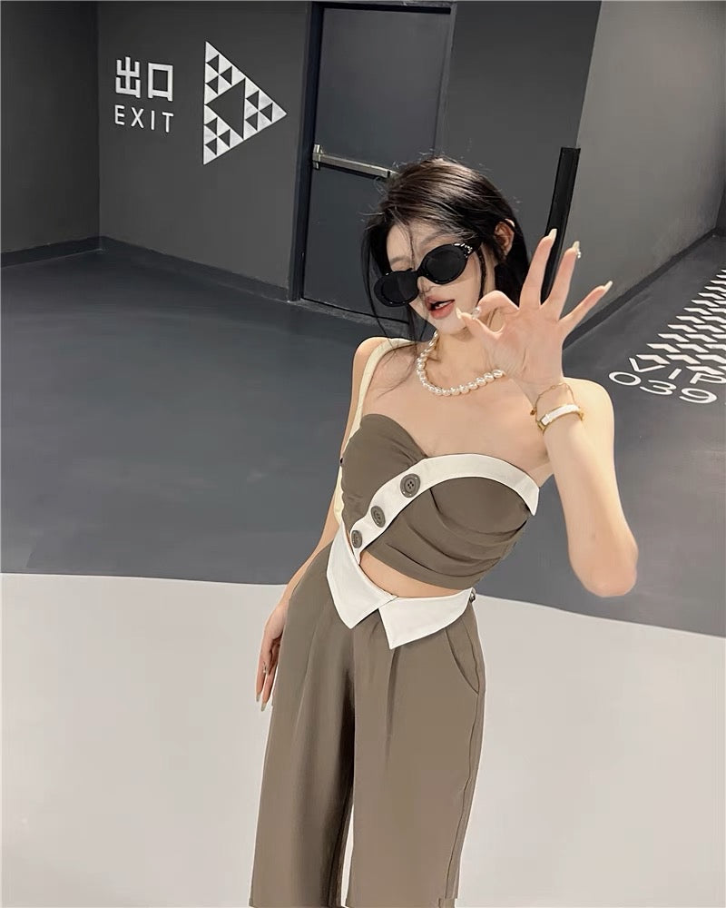 Hot girl suit female summer pure desire sexy short tube top suspender top + casual wide-leg pants fried street two-piece set