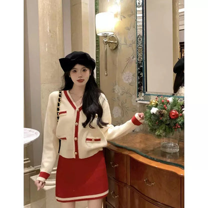 French style small fragrance style long-sleeved V-neck sweater jacket for women in autumn and winter high-waisted slim red skirt two-piece set T9493