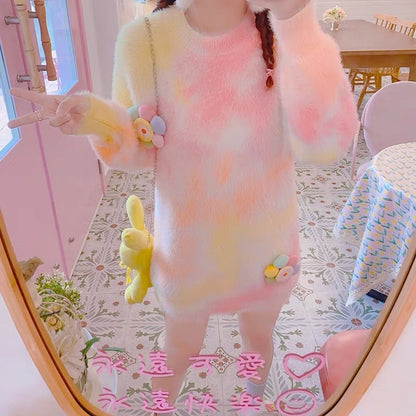 Sweet rainbow gradient mink mid-length sweater dress Korean style ins gentle three-dimensional flower style sweater