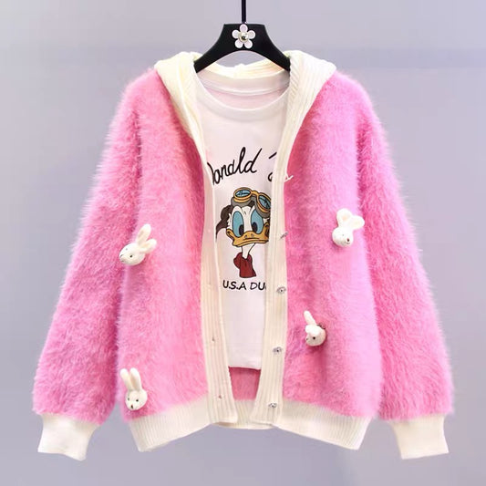 Japanese cartoon imitation mink hooded sweater jacket for women autumn and winter 2023 new loose design knitted cardigan (S3337)