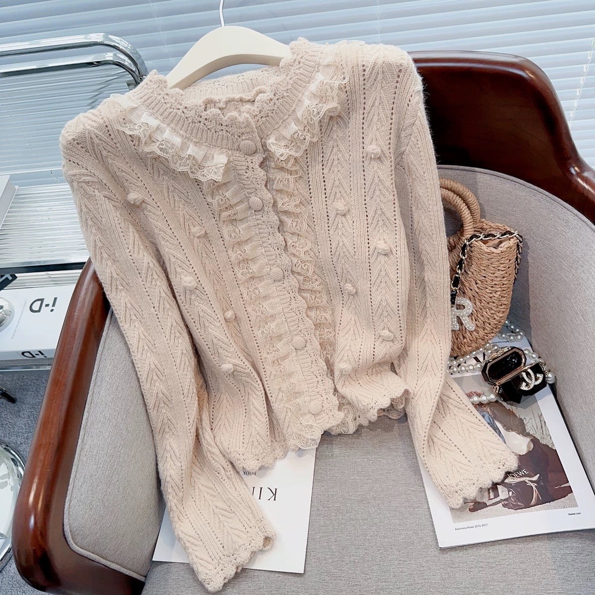 2023 new autumn and winter Korean soft and lazy style lace stitching hollow long-sleeved sweater knitted cardigan for women