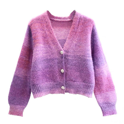 Rainbow Gradient Sweater Jacket Women's 2023 Early Autumn New Loose Outer Style Student Short Knitted Cardigan