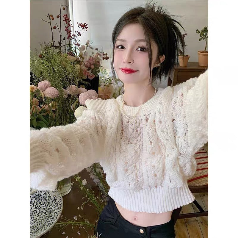 Design hollow puff sleeve sweater for women autumn 2022 new style temperament short chic waist crop top