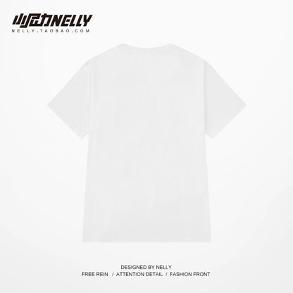 Letter graffiti pure cotton short-sleeved T-shirt men and women American trend high street loose large size milk apricot color half-sleeved middle-sleeved tee