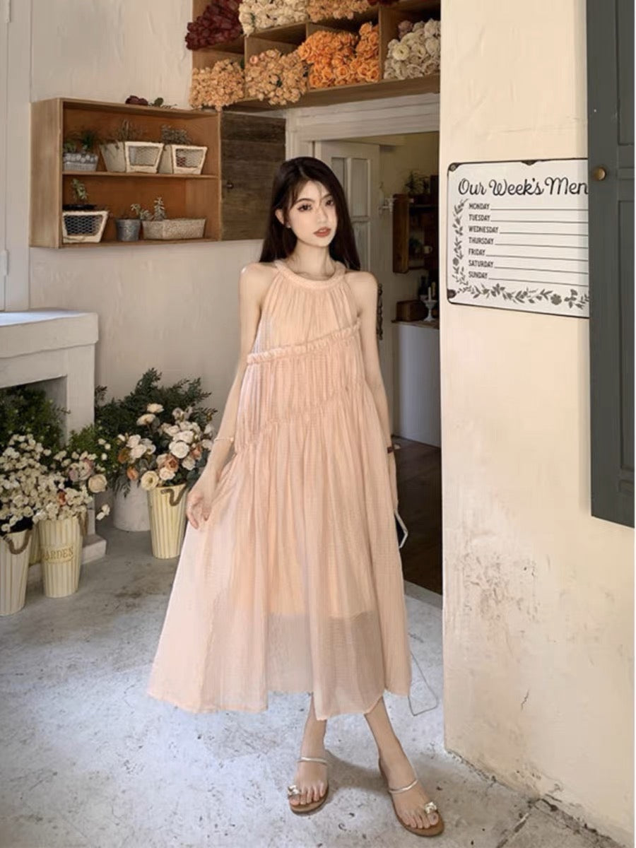 Holiday style pink hanging neck dress women's summer 2023 new sweet design sense niche temperament mid-length skirt l