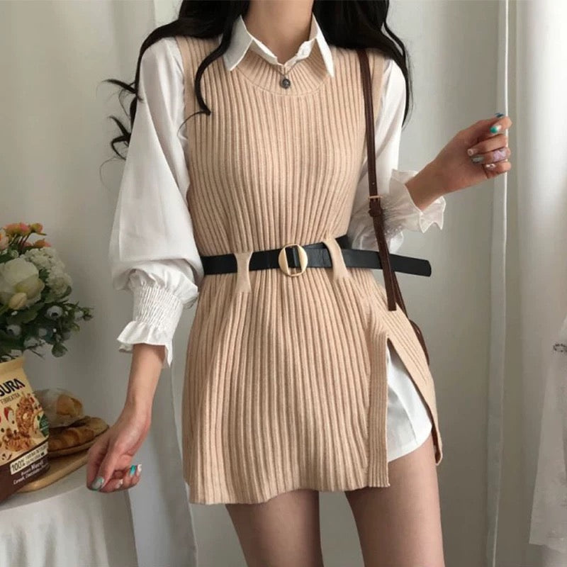 Korean chic versatile lapel mid-length shirt skirt + lace-up waist irregular knitted vest two-piece set for women