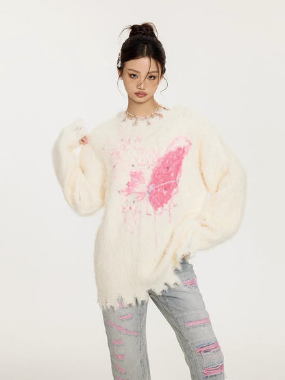 Sanowers American retro hot diamond butterfly jacquard round neck sweater women's autumn loose lazy style knitted sweater top (S0665)