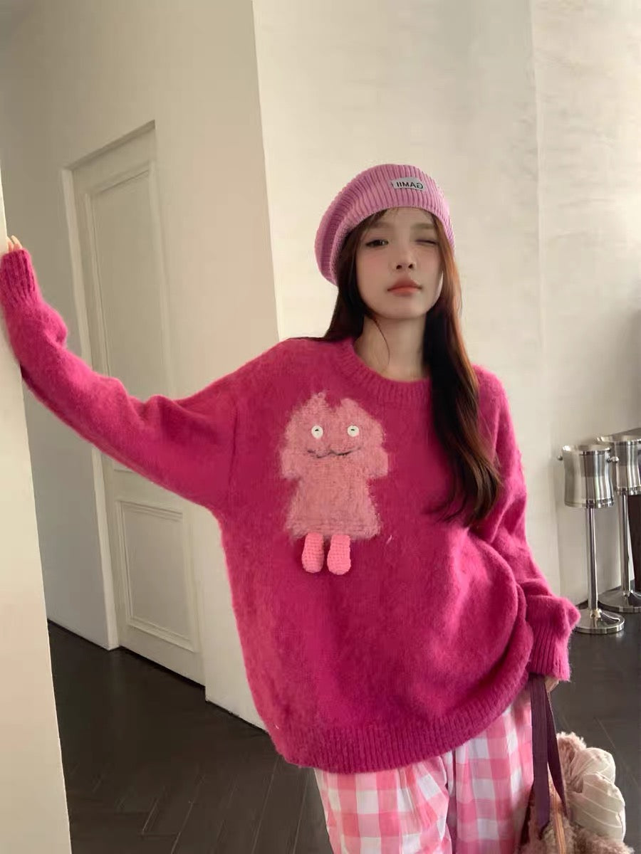 Sweet dopamine raspberry pink soft waxy sweater for women autumn 2023 new imitation mohair sweater loose top A2245