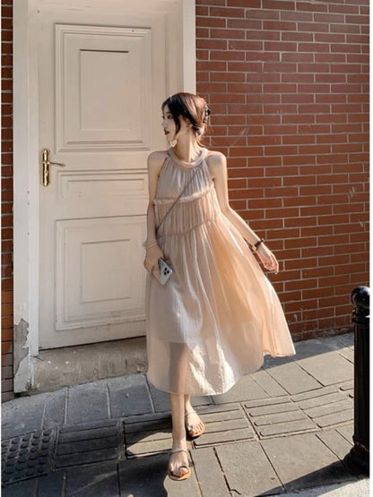 Holiday style pink hanging neck dress women's summer 2023 new sweet design sense niche temperament mid-length skirt l