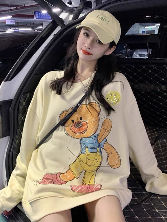 Light yellow bear print plus velvet fashionable top for women Korean style loose mid-length versatile long-sleeved round neck sweatshirt