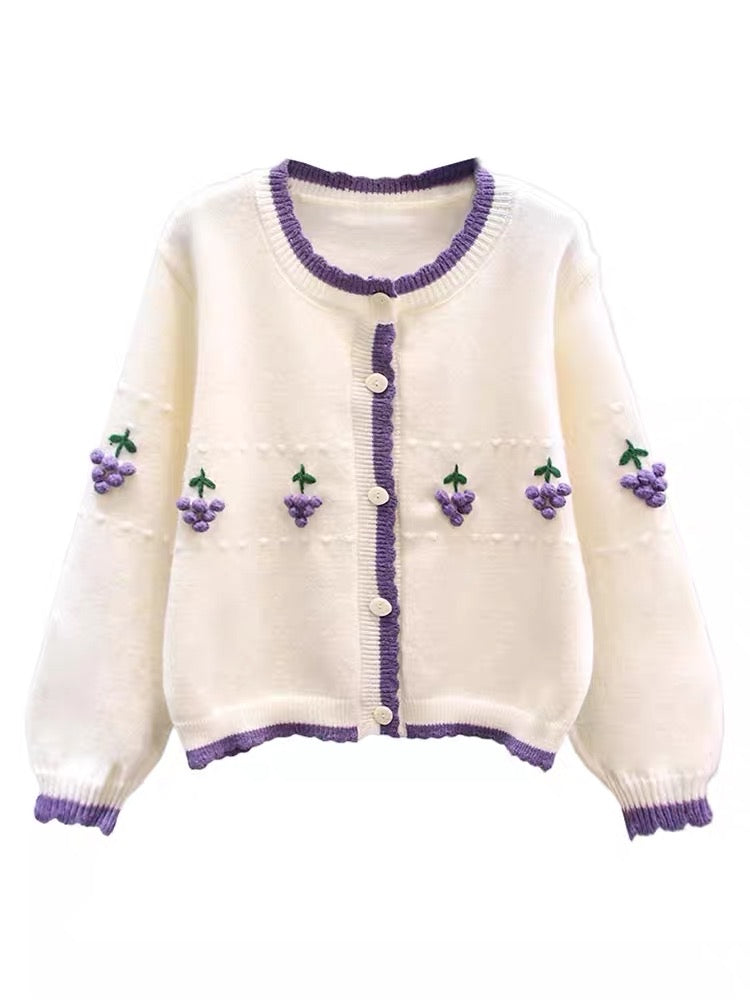 Contrast color three-dimensional grape design sweater jacket for women 2023 new loose college style age-reducing knitted cardigan