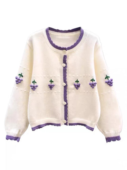 Contrast color three-dimensional grape design sweater jacket for women 2023 new loose college style age-reducing knitted cardigan