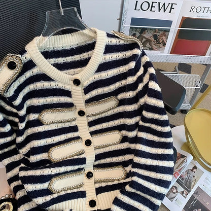 2023 new autumn chain hot diamond cardigan round neck striped color matching gold thread hollow long-sleeved knitted jacket top